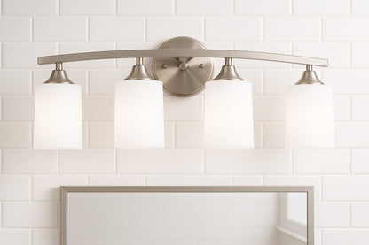 Briignite 28 in. 4-Light Nickel Cylinder Vanity Light for Bathroom Bedroom with Curved Arms and White Glass Shades