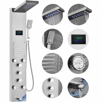 VEVOR Shower Panel System 6 Shower Modes LED and Screen Hydroelectricity 8 Massage Jets Stainless Steel Shower Set FTYS6CS2MSDPTMPHLV9