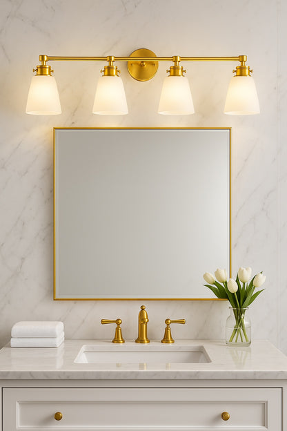 32 in. 4 Light Brushed Gold Modern Vanity Light with Milk White Glass Shade Farmhouse Bathroom Light Fixture Wall Sconce 8206WL 04GD US