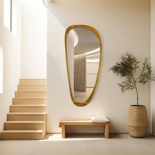 22 in. W x 48 in. H Irregular Natural Wood-Frame Wall Mirror, Distinctive Asymmetric Design