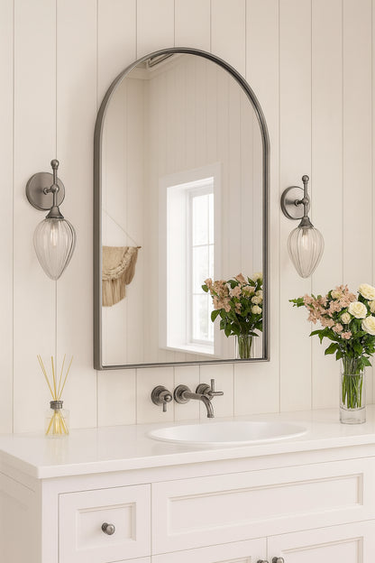 TETOTE 30 in. W x 36 in. H Arched Framed Decorative Wall Mounted Bathroom Vanity Mirror in Brushed Nickel, Tempered Glass