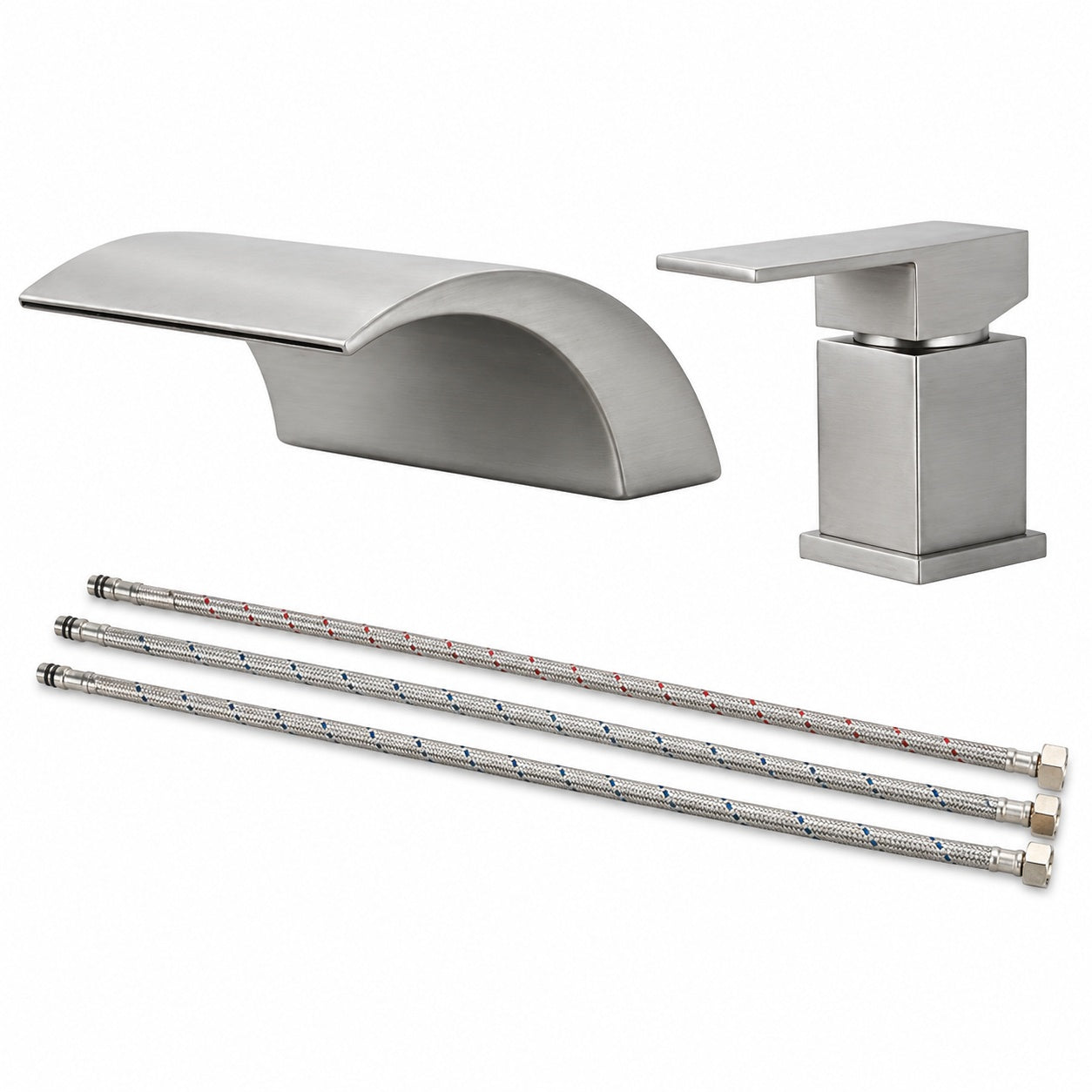 Single Handle Deck Mount Roman Tub Faucet with Waterfall in Brushed Nickel