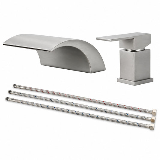 Single Handle Deck Mount Roman Tub Faucet with Waterfall in Brushed Nickel