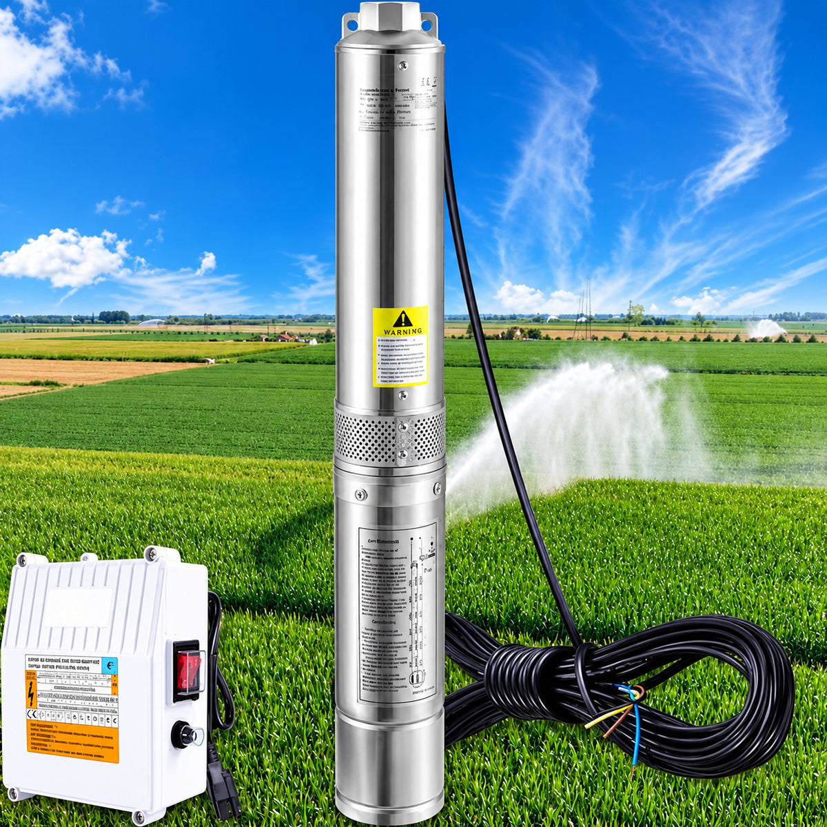 SKYSHALO Deep Well Submersible Pump 3HP 230V 60H 37GPM 640 ft Head with 33 ft Cord and External Control Box Stainless Steel