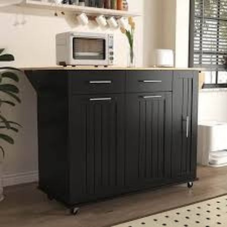 Polibi Black Rubber Wood 46 in W Kitchen Island with Drop Leaf 3 Tier Pull Out Cabinet Organizer Towel Rack 2 Drawers