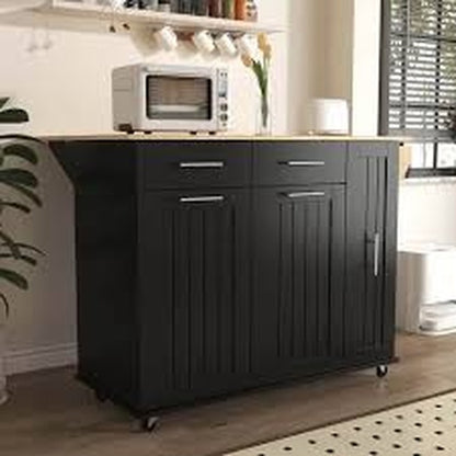 Polibi Black Rubber Wood 46 in W Kitchen Island with Drop Leaf 3 Tier Pull Out Cabinet Organizer Towel Rack 2 Drawers