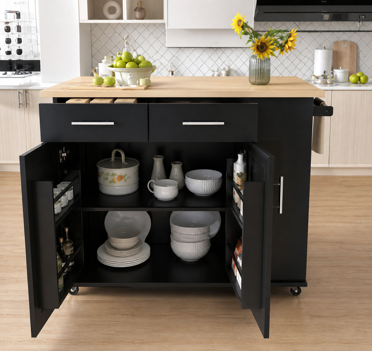 Polibi Black Rubber Wood 46 in W Kitchen Island with Drop Leaf 3 Tier Pull Out Cabinet Organizer Towel Rack 2 Drawers