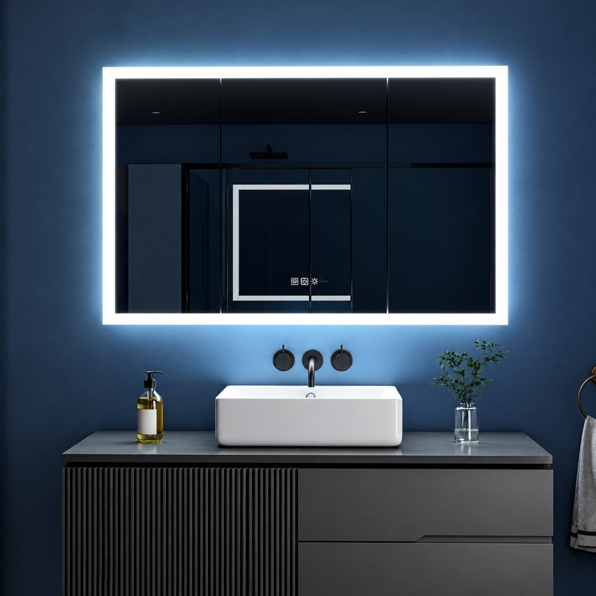 FORCLOVER 48 in W x 32 in H Rectangular Black LED Light Anti fog Aluminum Medicine Cabinet with Mirror