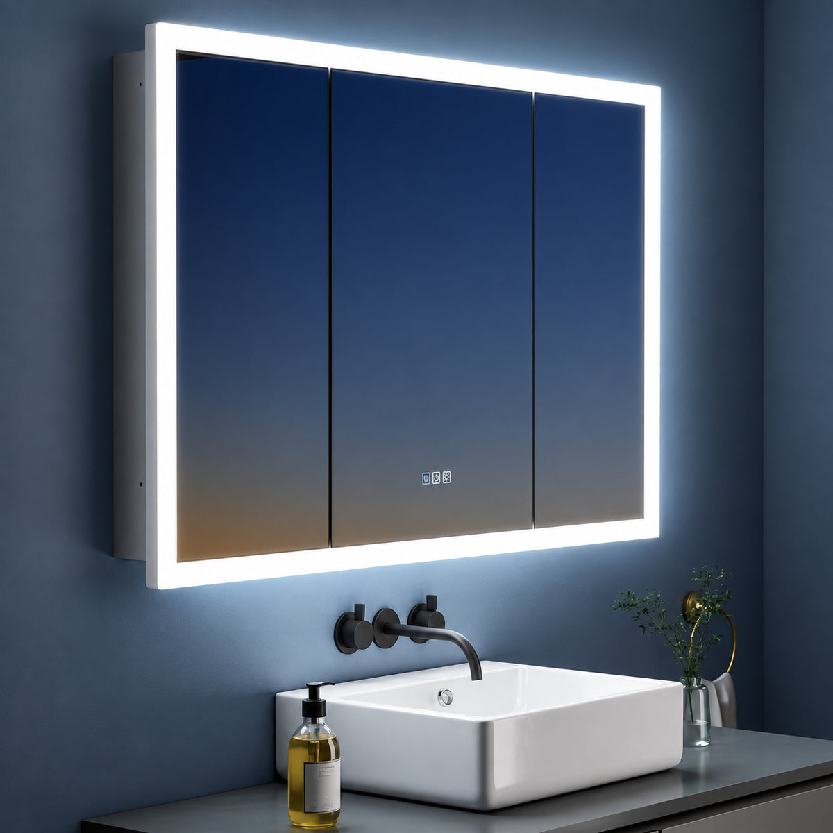 FORCLOVER 48 in W x 32 in H Rectangular Black LED Light Anti fog Aluminum Medicine Cabinet with Mirror