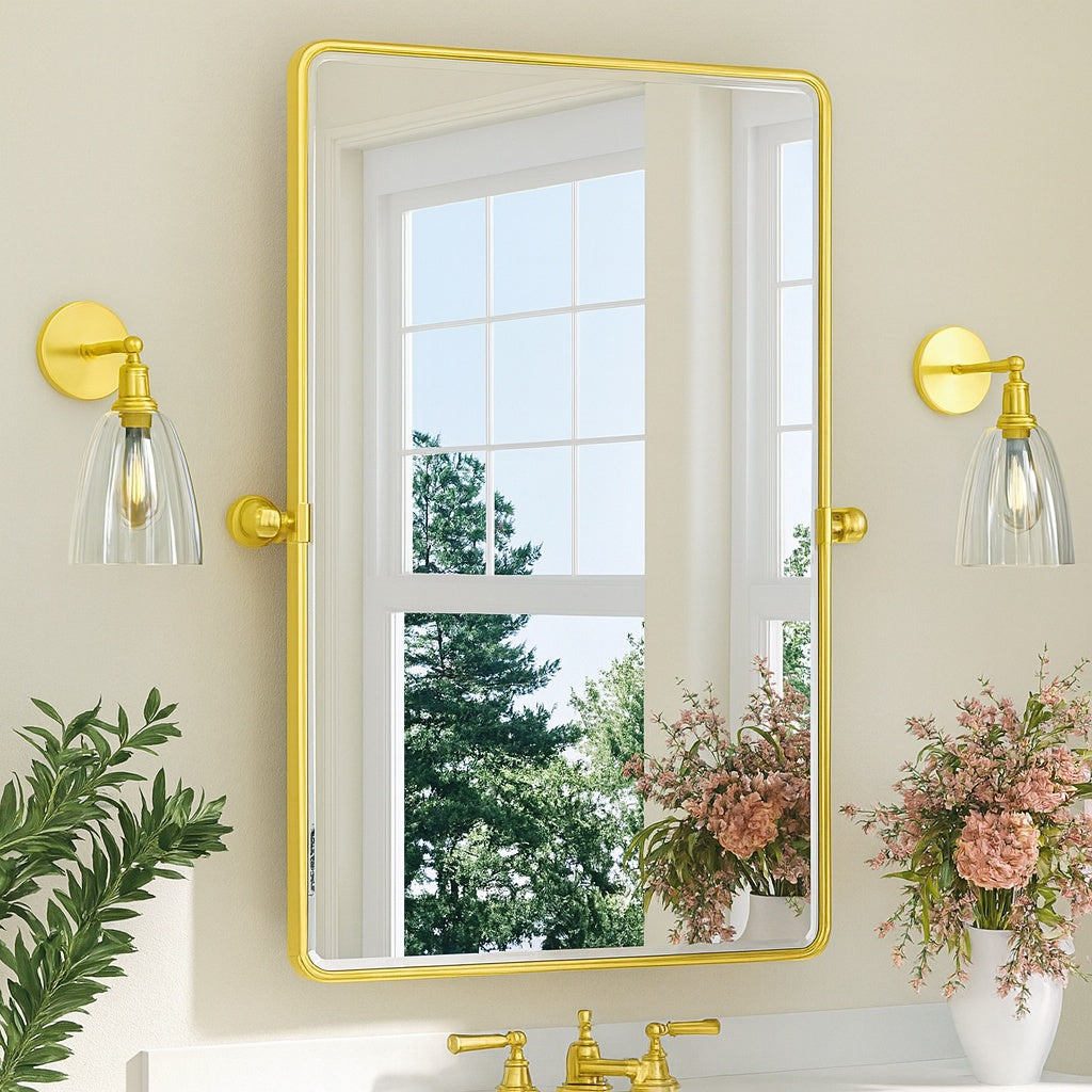 KeonJinn 24 in W x 36 in H Gold Mirrors Framed Tilt Mirrors for Bathroom Wall Pivot Bathroom Vanity Mirror Over Sink