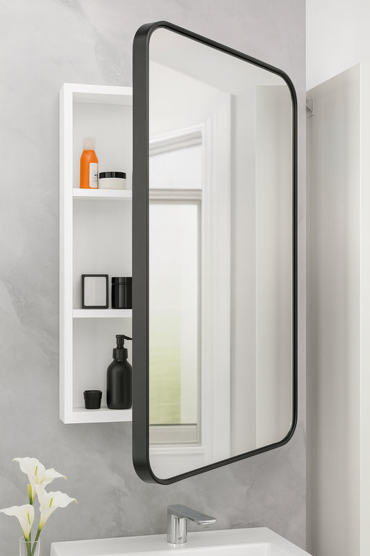 WallBeyond 16 in. W x24 in. H Round Corner Rectangular Black Aluminum Alloy Framed Medicine Cabinet with Mirror for Bathroom