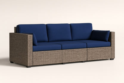 Outsunny Metal Frame Outdoor Couch with Navy Blue Cushions, PE Ratten Sofa, Seats 3