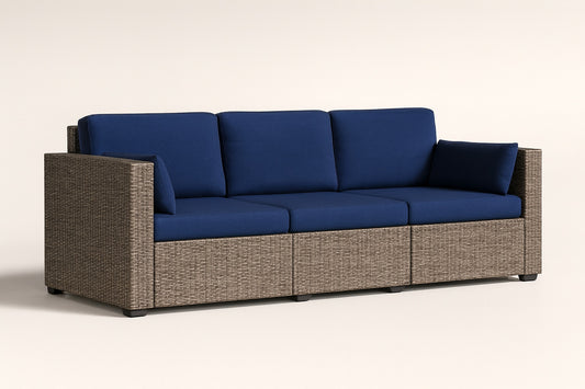 Outsunny Metal Frame Outdoor Couch with Navy Blue Cushions, PE Ratten Sofa, Seats 3