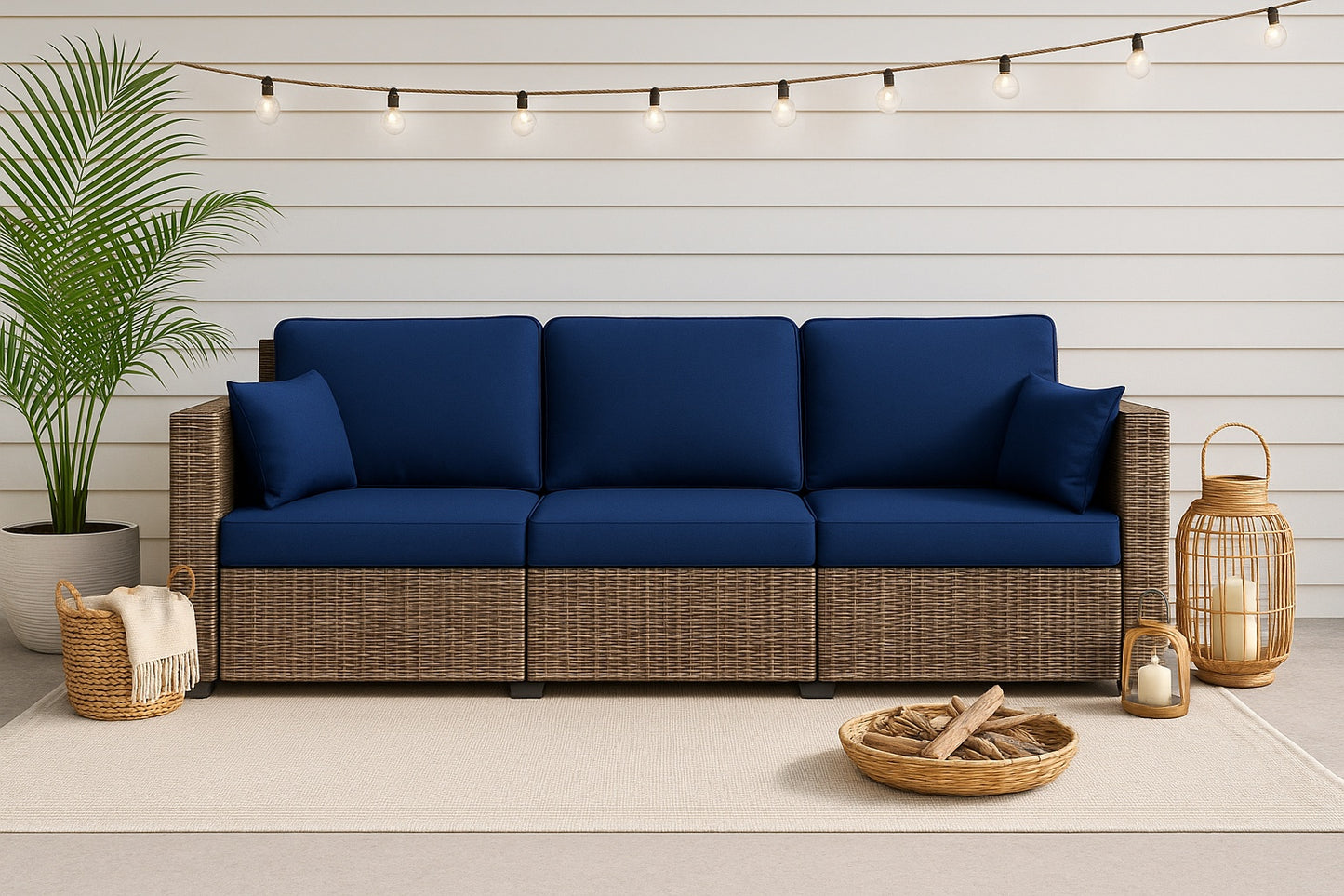 Outsunny Metal Frame Outdoor Couch with Navy Blue Cushions, PE Ratten Sofa, Seats 3