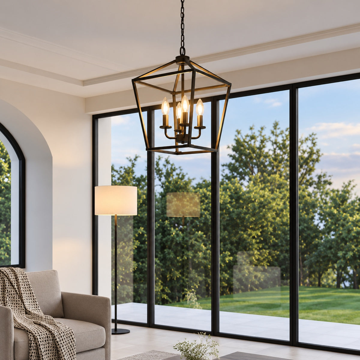 YANSUN 8 in 4 Light Black Geometric Open Cage Pendant Light Chandelier for Dining Room House Foyer