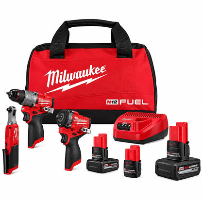 Milwaukee M12 FUEL 12V Lithium Ion Cordless Drill Driver Impact Wrench and Ratchet Combo Kit 3 Tool w Batteries Charger Bag 3424 23