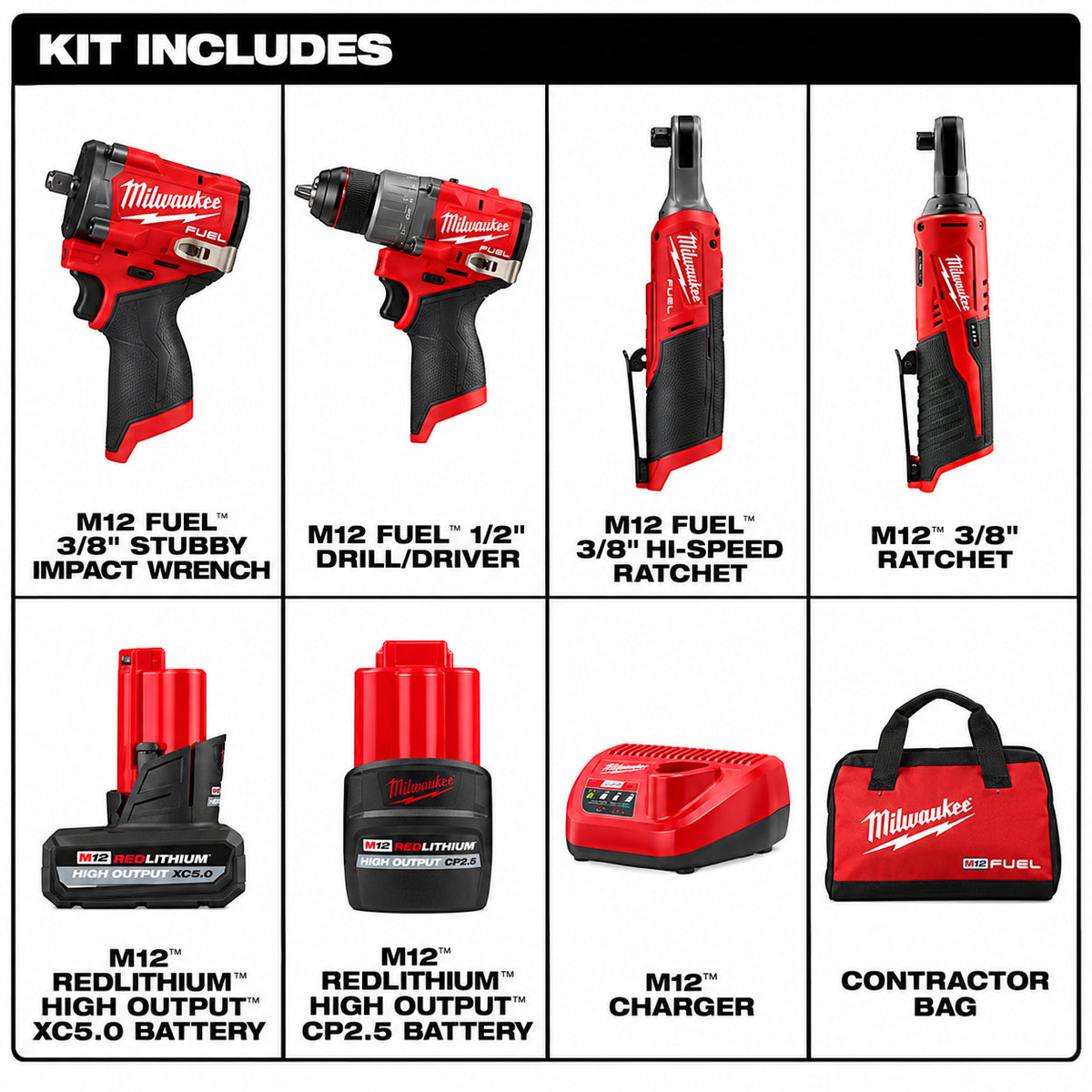Milwaukee M12 FUEL 12V Lithium Ion Cordless Drill Driver Impact Wrench and Ratchet Combo Kit 3 Tool w Batteries Charger Bag 3424 23