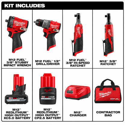 Milwaukee M12 FUEL 12V Lithium Ion Cordless Drill Driver Impact Wrench and Ratchet Combo Kit 3 Tool w Batteries Charger Bag 3424 23