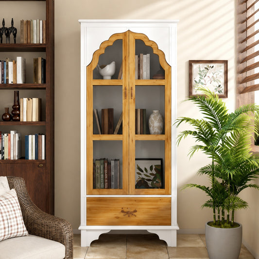 FUFU GAGA 70 9 in Tall White Wood 3 Shelf Accent Bookcase with Glass Doors Drawer Victorian Style 31 5 in Wide