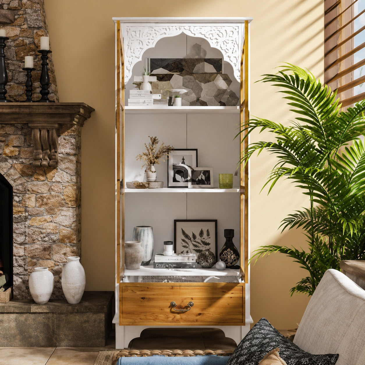 FUFU GAGA 70 9 in Tall White Wood 3 Shelf Accent Bookcase with Glass Doors Drawer Victorian Style 31 5 in Wide