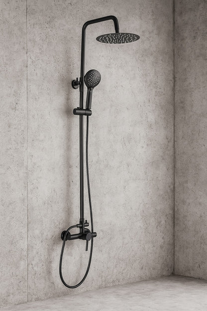 2-Spray Outdoor Wall Bar Shower Kit 8 in. Round Rain Shower Head with Hand Shower in Matte Black