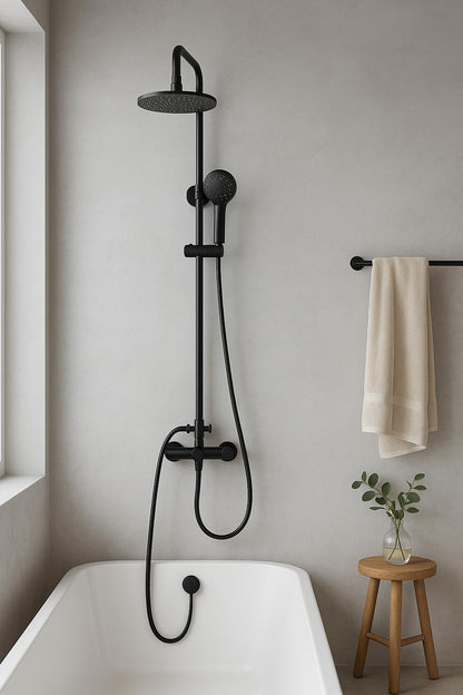 2-Spray Outdoor Wall Bar Shower Kit 8 in. Round Rain Shower Head with Hand Shower in Matte Black