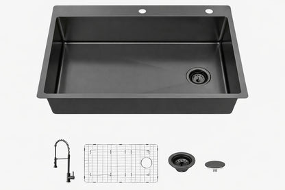 Glacier Bay 33 in Drop In Single Bowl 18 Gauge Gunmetal Black Stainless Steel Kitchen Sink with Spring Neck Faucet