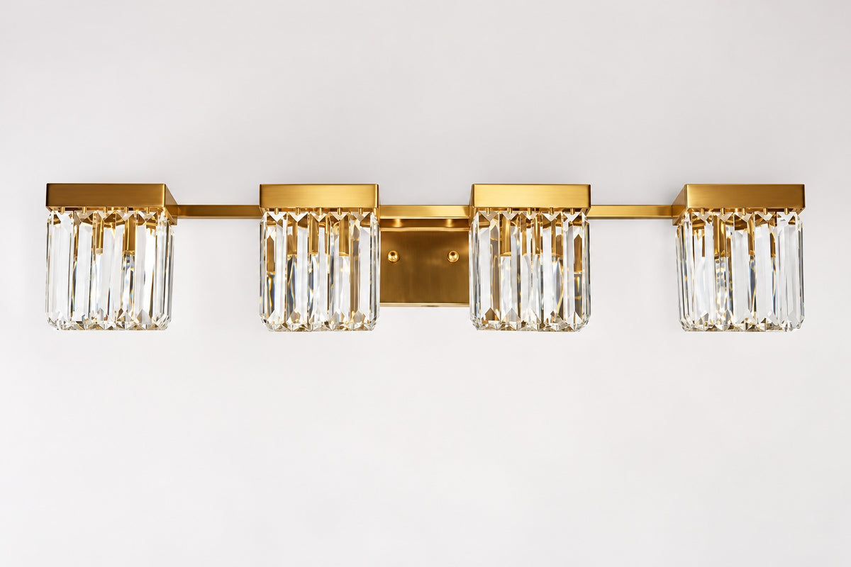 LNC Vertilux 31 5 in 4 Light Plated Brass Crystal Bathroom Vanity Light for Mirrors Bathrooms and Powder Rooms UIIUAEHD169W4V8