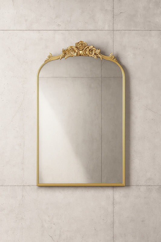 24 in. W x 36 in. H Modern Arched Gold Metal Framed with Carved Decoration Vanity Wall Mirror