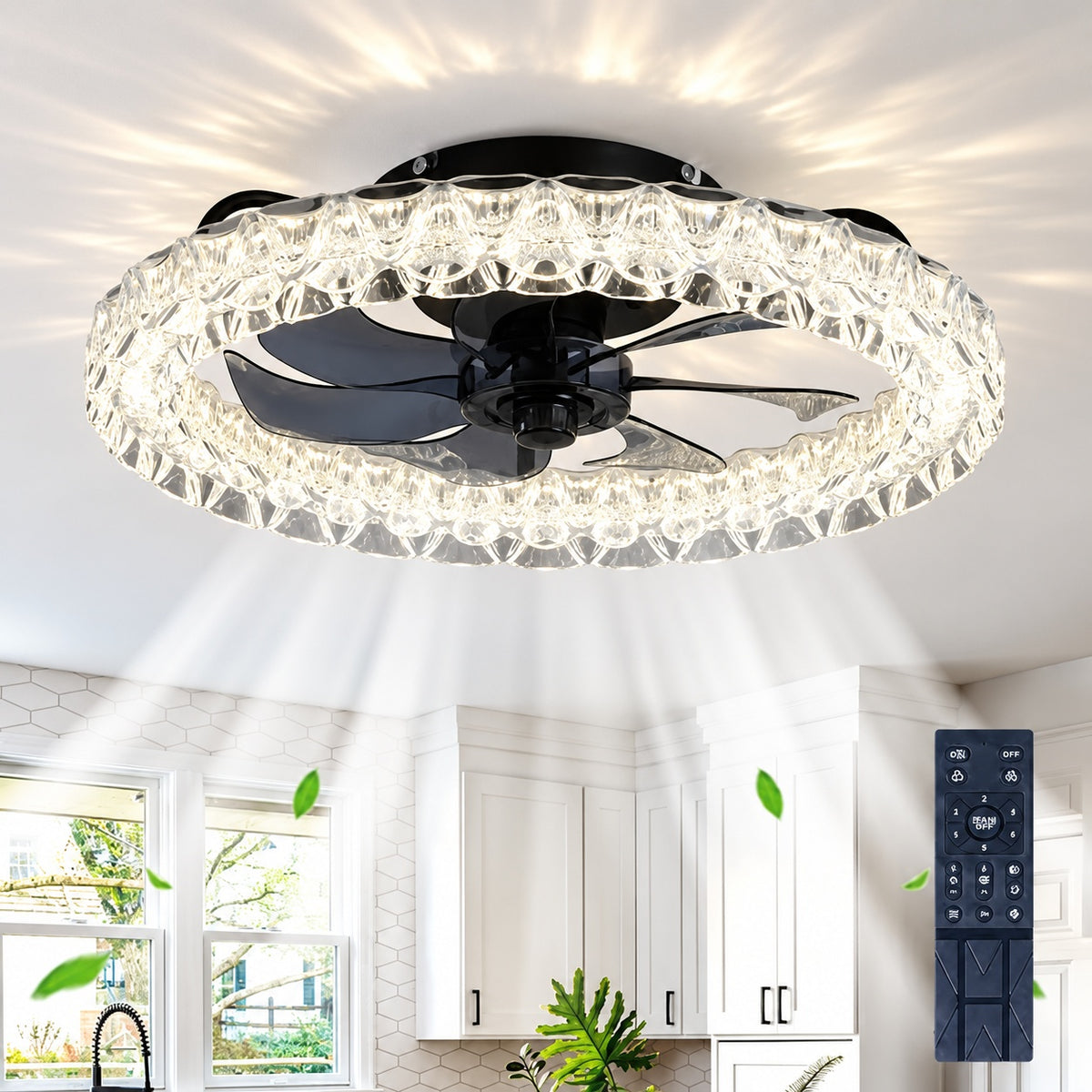 Ltemziiy 20 in Indoor Black Low Profile Caged Ceiling Fans with Lights and Remote Bladeless Flush Mount Ceiling Fan for Bedroom LT 001 03