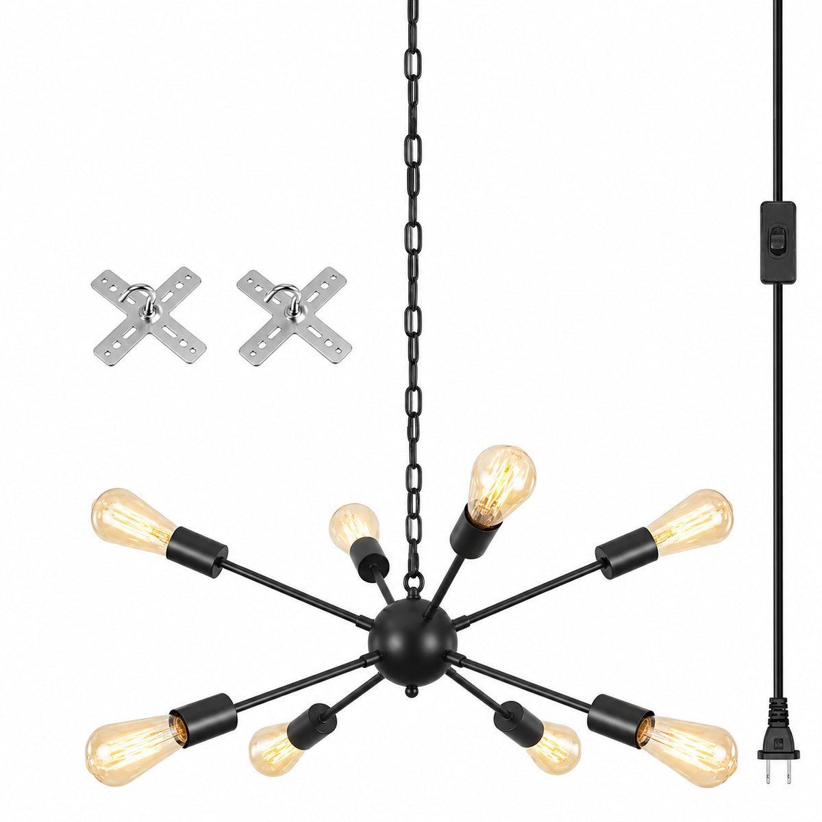 ADSENSTY 8 Light Black Dimmable Plug in Sputnik Chandelier with Cord and ON OFF Switch for Living Room with No Bulbs Included