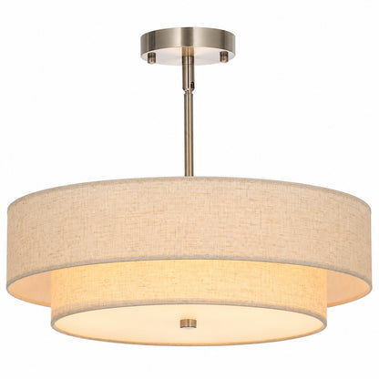 Merra 18 in 4 Light Brushed Nickel Semi Flush Mount Ceiling Light Fixture Drum Pendant Light with 2 Layer Fabric Shade HCF N018 NI BNHD 1