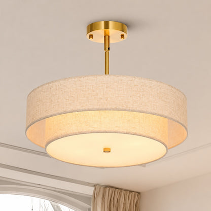 Merra 18 in 4 Light Brushed Nickel Semi Flush Mount Ceiling Light Fixture Drum Pendant Light with 2 Layer Fabric Shade HCF N018 NI BNHD 1