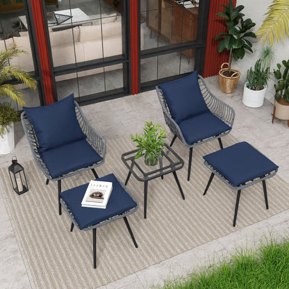 JUSKYS Bohemian Light-Gray 5-Piece Outdoor Wicker Furniture Set with 2-Chairs, 2-Ottomans, 1-Coffee Table, Navy Blue Cushions
