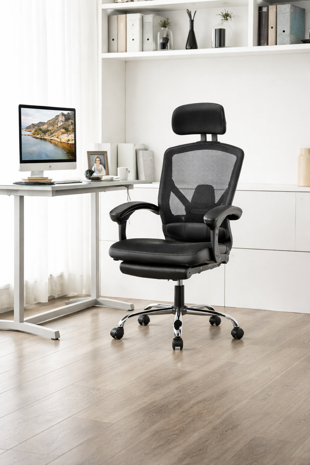 WONDER COMFORT Ergonomic High Back Mesh Reclining Home Office Desk Chair with Footrest Lumbar Support in Black with Comfy Arms