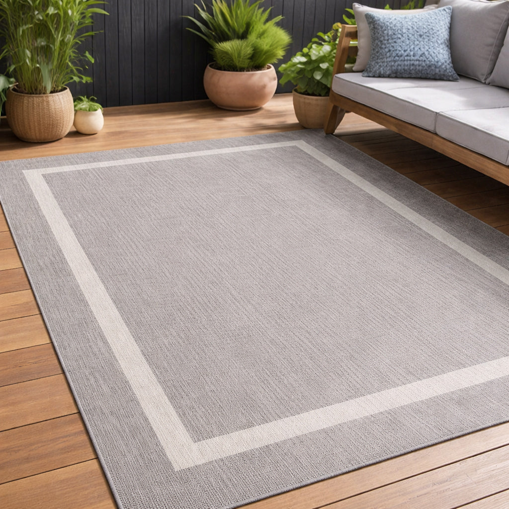 Beverly Rug Waikiki Grey White 8 ft x 10 ft Bordered Indoor Outdoor Area Rug HD