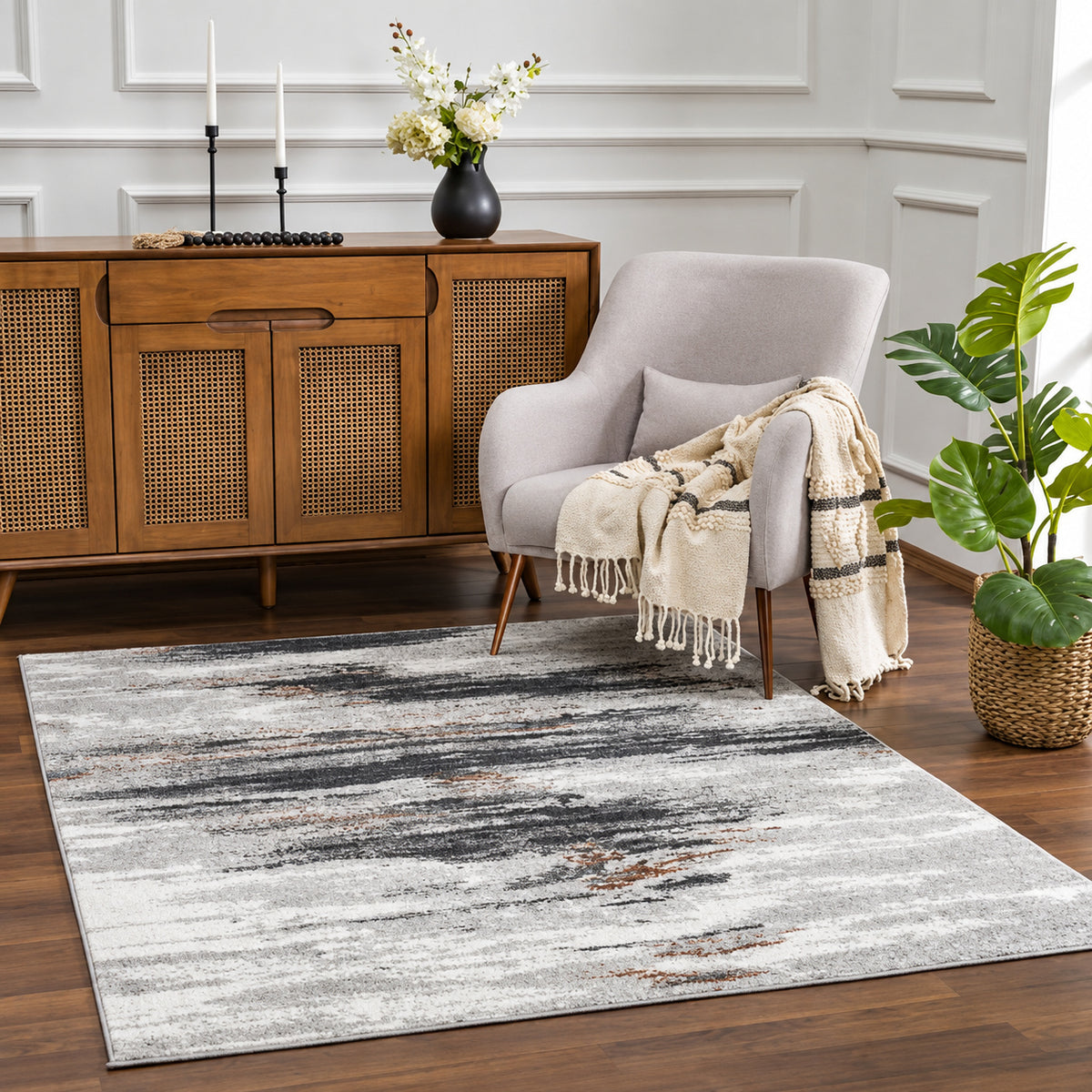 HAUTELOOM Liverpool Collection Black Gray Off White 5 ft X 7 ft Modern Abstract Contemporary Living Room Area Rug