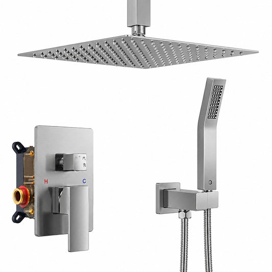ANZA 12 in 2 Jet High Pressure Rainfall Bathroom Shower System in Brushed Nickel with Square Head and Handheld Showe
