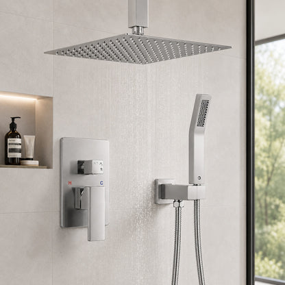ANZA 12 in 2 Jet High Pressure Rainfall Bathroom Shower System in Brushed Nickel with Square Head and Handheld Showe
