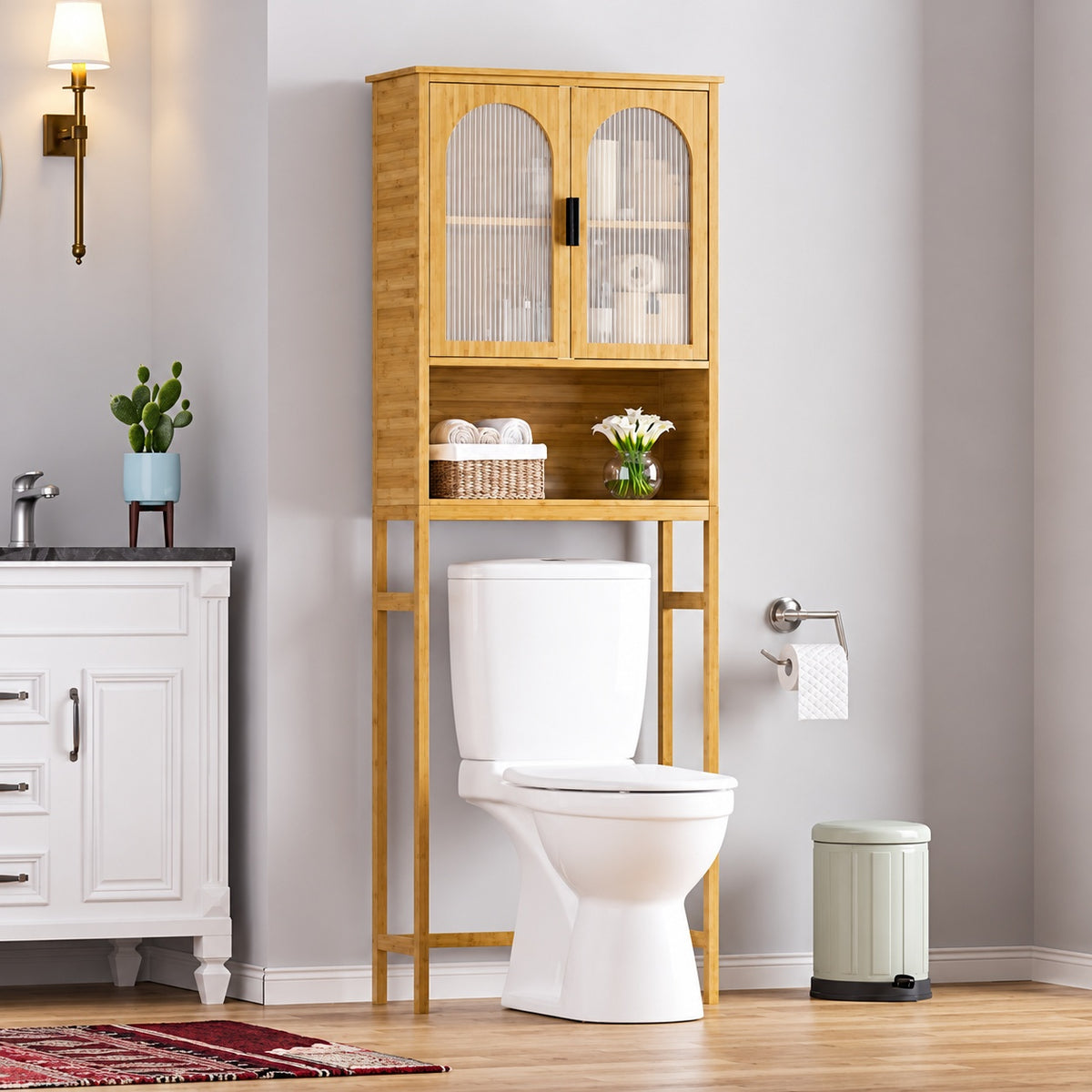 VEIKOUS Yellow Bamboo Over The Toilet Storage Cabinet 24 4 in W x 66 9 in H x 9 5 in D with 3 Shelf and Rattan Doors
