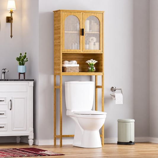VEIKOUS Yellow Bamboo Over The Toilet Storage Cabinet 24 4 in W x 66 9 in H x 9 5 in D with 3 Shelf and Rattan Doors