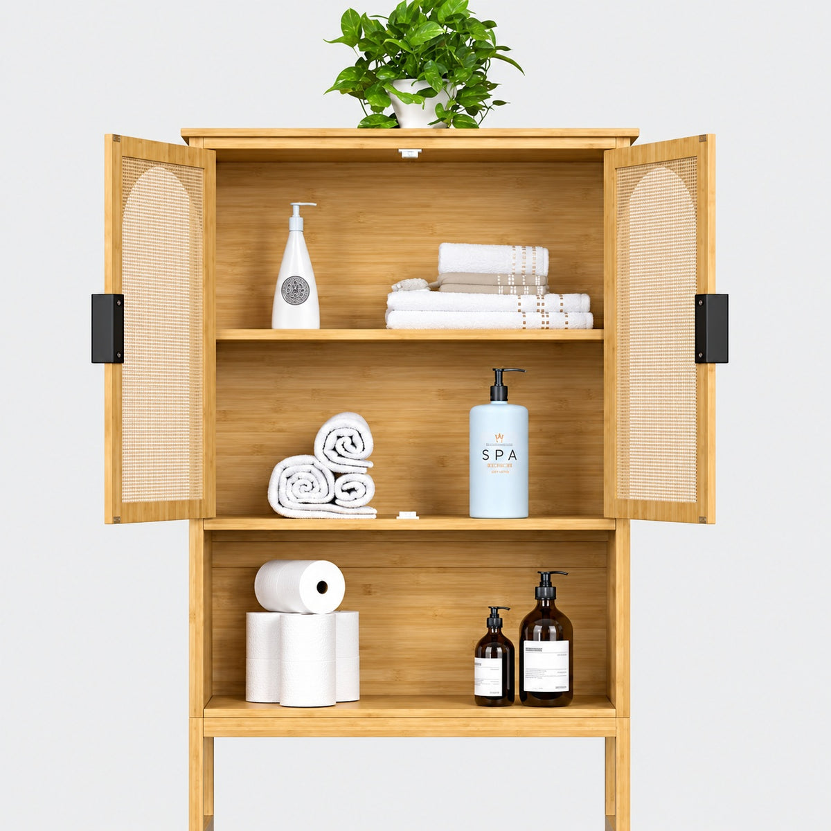 VEIKOUS Yellow Bamboo Over The Toilet Storage Cabinet 24 4 in W x 66 9 in H x 9 5 in D with 3 Shelf and Rattan Doors