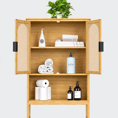 VEIKOUS Yellow Bamboo Over The Toilet Storage Cabinet 24 4 in W x 66 9 in H x 9 5 in D with 3 Shelf and Rattan Doors