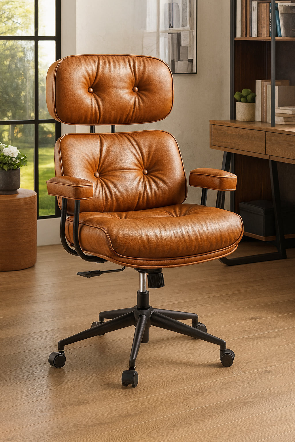 Allwex Kro PU Fabric Swivel Ergonomic Office Task Chair in Light Brown with Recliner High Back Lumbar Support Adjustable Arms
