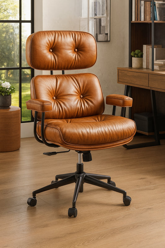 Allwex Kro PU Fabric Swivel Ergonomic Office Task Chair in Light Brown with Recliner High Back Lumbar Support Adjustable Arms
