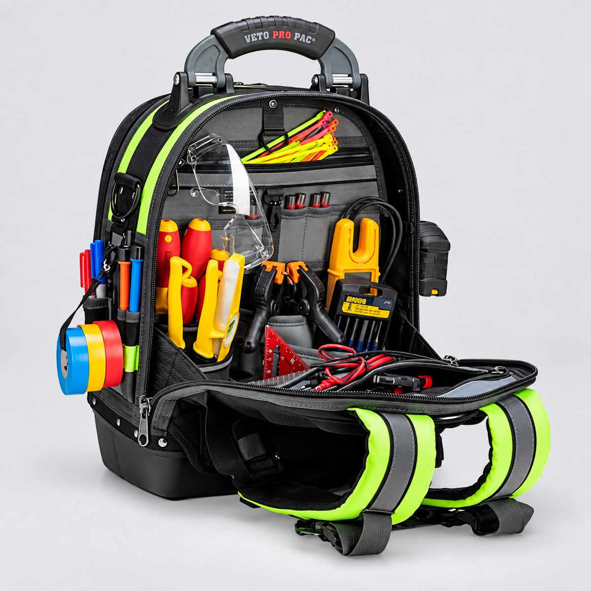 VETO PRO PAC 13 in 39 Pocket Hi Viz Yellow Nylon Bag Tote with Padded Handle Zippered Top Shatterproof Waterproof Weatherproof
