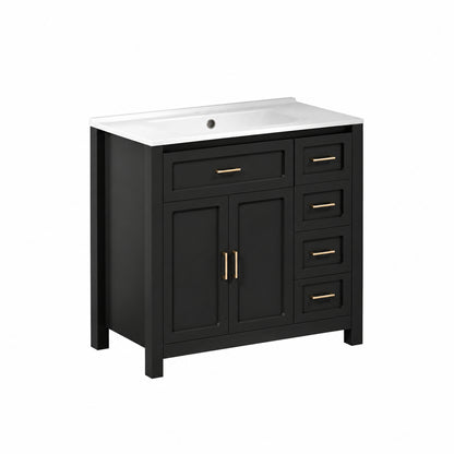 Findepot 36 in Single Sink Freestanding Black Bath Vanity with White Ceramic Top Unassembled