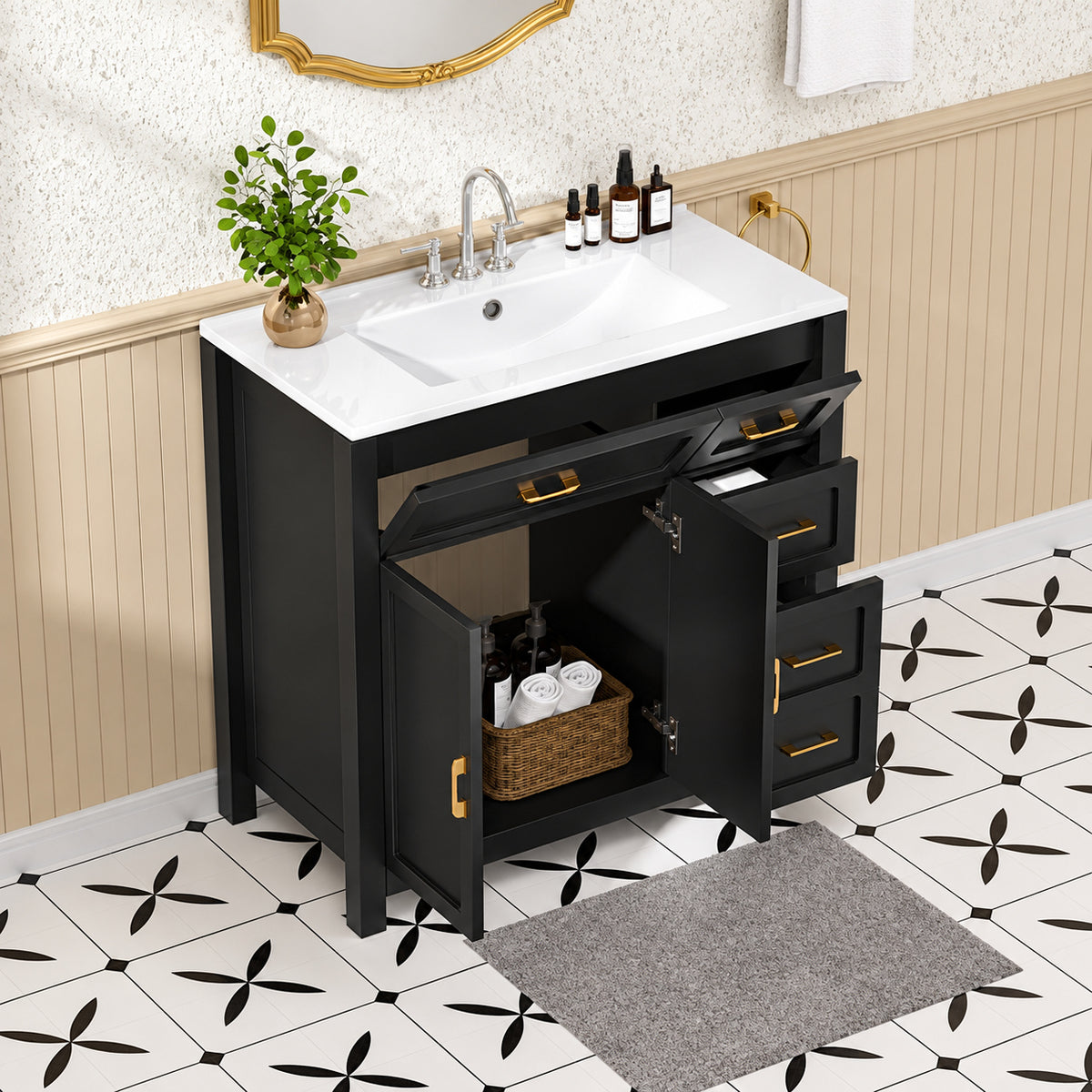 Findepot 36 in Single Sink Freestanding Black Bath Vanity with White Ceramic Top Unassembled