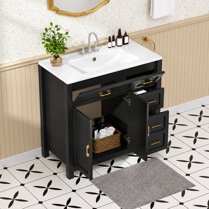 Findepot 36 in Single Sink Freestanding Black Bath Vanity with White Ceramic Top Unassembled