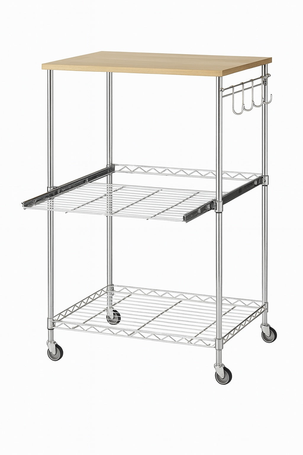 Numhew 3 Tier Rolling Kitchen Cart 23 in x 15 in Chrome Microwave Cart with Oak Wood Tabletop Hooks and Drawer Slider